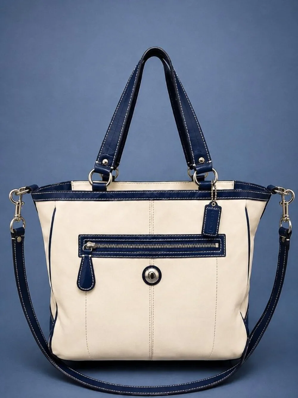 COACH Laura Spectator Carryall Chalk Navy Leather Tote Crossbody Bag - Hang Tag
